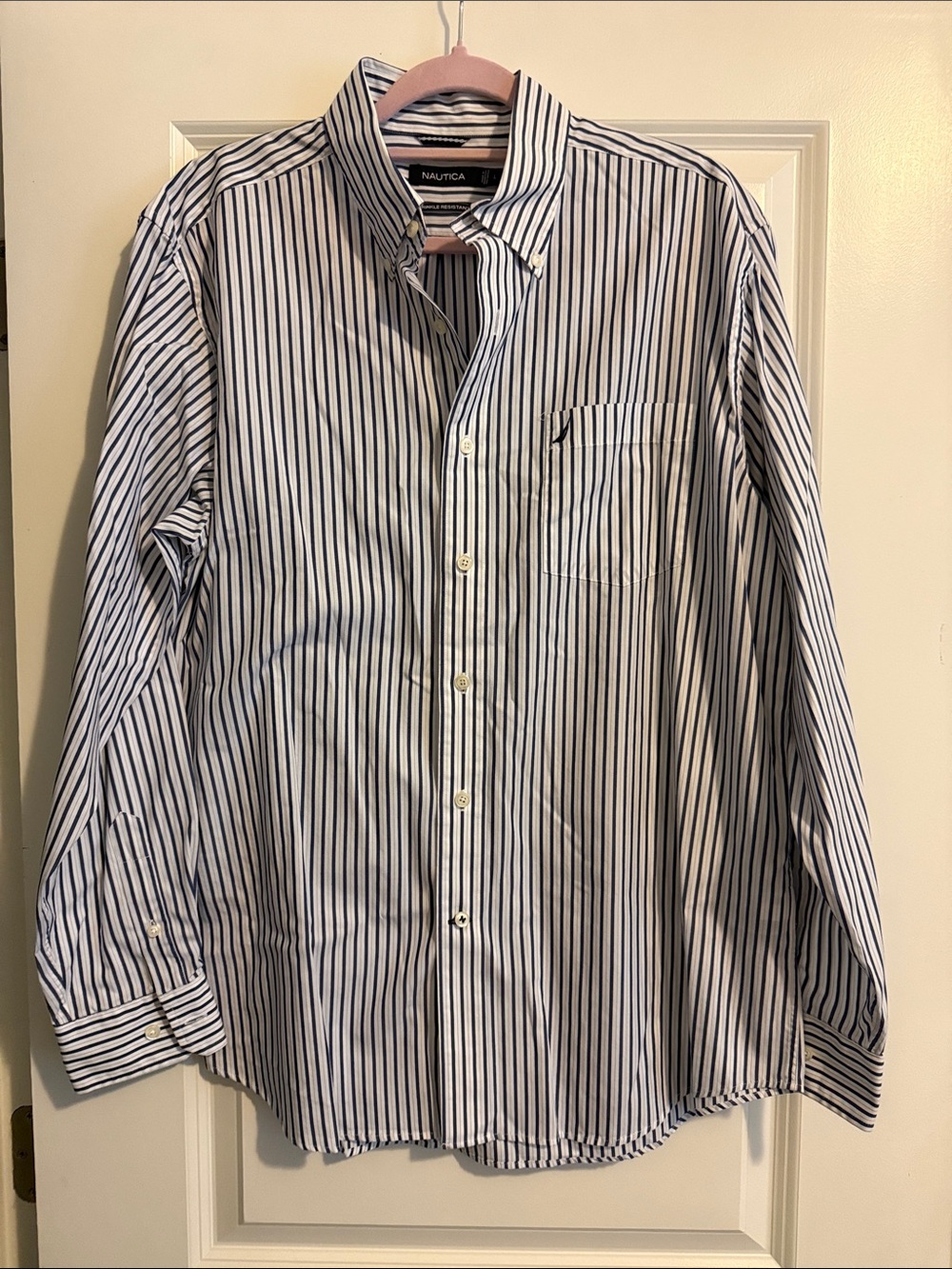 Nautica Men’s White Shirt with Navy Vertical Stripes